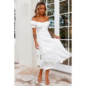 Selfie Leslie Linka Off Shoulder White Midi Dress Puff Sleeve XL Cottagecore EUC